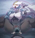  2021 anthro blush bodily_fluids breasts censored ehada female fur hi_res kyurem legendary_pok&eacute;mon looking_at_viewer nintendo open_mouth penetration pixelated pok&eacute;mon pok&eacute;mon_(species) red_eyes simple_background smile solo spread_legs spreading sweat sweatdrop tongue tongue_out vaginal vaginal_penetration video_games white_body white_fur white_kyurem yellow_sclera 