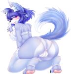  2021 5_fingers absurd_res alternate_version_at_source anthro anus big_breasts black_nose blue_body blue_fur blue_hair bra breasts butt camel_toe canid canine canis claws clothed clothing cute_fangs domestic_dog feet female finger_claws fingers fluffy footwear fur hair hi_res inner_ear_fluff kemono legwear lingerie looking_at_viewer looking_back mammal multicolored_body multicolored_ears multicolored_fur multicolored_tail nipple_outline nipples open_mouth panties pawpads paws pink_eyes short_hair simple_background solo syrup_(artist) thigh_highs toe_claws toeless_footwear toes translucent translucent_clothing tuft two_tone_body two_tone_fur underwear white_background white_body white_fur 