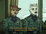  4:3 anthro canid canine canis clothing collar dialogue domestic_dog duo dwcmarshalarts fur korean_jindo male male/male mammal military_clothing military_uniform overbite spitz text uniform white_body white_fur 