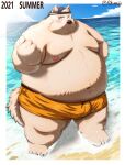  2021 absurd_res anthro beach belly big_belly blush canid canine canis clothing detailed_background domestic_dog hat headgear headwear hi_res kemono kumajjjj male mammal moobs navel nipples obese obese_male outside overweight overweight_male seaside solo swimwear water 