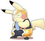  2019 ambiguous_gender beverage bottle clothing cosplay_pikachu_(costume) dipstick_ears eyes_closed fur hi_res mask midriff multicolored_ears nintendo pikachu pikachu_libre pok&eacute;mon pok&eacute;mon_(species) semi-anthro simple_background solo tatu_wani_(artist) video_games white_background yellow_body yellow_fur 