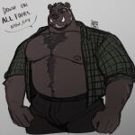  1:1 2021 anthro belly bottomwear clothed clothing english_text hi_res humanoid_hands male mammal mature_male moobs nipples open_clothing open_shirt open_topwear overweight overweight_male pants ruslorc scar shirt simple_background solo text topwear ursid 