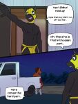  3:4 anthro blake_jackson bulge clothed clothing comic dialogue duo english_text equid equine father father_and_child father_and_son footwear fuze hi_res horse jockstrap male mammal mask navel night nipples outside parent parent_and_child sam_jackson shoes son texnatsu text topless truck_(vehicle) underwear vehicle 