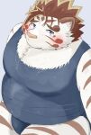  2021 9dtq0 absurd_res anthro belly blush bulge clothing felid fur hi_res kemono licho_(tas) male mammal one-piece_swimsuit overweight overweight_male pantherine school_swimsuit simple_background solo swimwear tiger tokyo_afterschool_summoners video_games white_body white_fur 