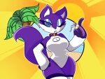  2018 4:3 anthro armwear blue_eyes breasts canid canine cleavage cleavage_cutout clothed clothing collar cute_fangs digital_media_(artwork) eyelashes female fox fur gesture holding_object legwear looking_at_viewer mammal nelljoestar one-piece_swimsuit one_eye_closed open_mouth plant pointing pupils purple_body purple_fur purple_tail raised_tail shaded slit_pupils solo swimwear thick_eyelashes thigh_highs tree white_armwear white_clothing white_legwear white_swimwear wide_hips 