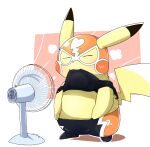  2019 ambiguous_gender bodily_fluids clothing cosplay_pikachu_(costume) dipstick_ears eyes_closed fur hi_res mask midriff multicolored_ears nintendo pikachu pikachu_libre pok&eacute;mon pok&eacute;mon_(species) rotary_fan semi-anthro simple_background solo sweat tatu_wani_(artist) video_games yellow_body yellow_fur 