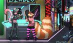  ailurid anthro azural_cobaltros boots city clothing cybernetics cyberpunk cyborg domestic_cat duo felid feline felis female footwear hat headgear headwear knife leaf machine male male/female mammal neon_lights plasma_cutter red_panda weapon 