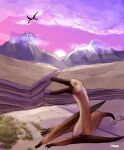  ambiguous_gender canyon corvarts dinosaur feral flying hi_res mountain navajodactylus paleoart pterosaur reptile resting scalie sunset wings 