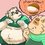  1:1 2021 anthro belly bodily_fluids canid canine canis clothing cu_sith_(tas) domestic_dog drooling duo eyewear food glasses hi_res kemono leib_(tas) male mammal moobs navel necktie nigauritaruto overweight overweight_male polar_bear saliva scarf shirt smoking tokyo_afterschool_summoners topwear ursid ursine video_games 