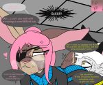  1_eye all_fours angry anthro belladonna_(prismatic_wolf) breath canid canine canis clenched_teeth clothing cross-popping_vein cunnilingus dialogue duo english_text eye_patch eye_scar eyewear facial_scar female hair hi_res lagomorph leporid male male/female mammal oral panting pink_eyes pink_hair prismatic_wolf rabbit scar sex sound_effects teeth text tight_clothing tired_eyes vaginal wolf wolf_(prismatic_wolf) yellow_eyes 