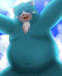  2021 anthro belly black_nose blue_body blue_fur blush bodily_fluids eyes_closed fur kemono male mammal moobs moosh navel nintendo oracle_of_ages oracle_of_seasons overweight overweight_male solo sweat the_legend_of_zelda trail_arnak ursid video_games white_body white_fur 