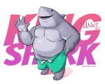  2021 5:4 anthro clothing dc_comics fish genitals grey_body hi_res kemono king_shark male marine overweight overweight_male penis shark solo swimwear text tunx2 