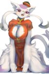  2:3 anthro asian_clothing big_breasts breasts chinese_clothing chinese_dress cleavage cleavage_cutout clothed clothing dress east_asian_clothing female hi_res hopping4 looking_at_viewer mienshao nintendo open_mouth pok&eacute;mon pok&eacute;mon_(species) solo video_games 
