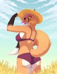  2021 anthro black_nose bra breasts butt_pose canid canine clothed clothing day detailed_background digital_media_(artwork) female fox hi_res mammal outside panties pose sky smile solo standing tenynn underwear 