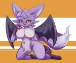  2021 6:5 anthro big_breasts black_nose black_sclera breasts canid crotch_tuft cute_fangs ehada featureless_breasts female fur hair hi_res kneeling looking_at_viewer mammal membrane_(anatomy) membranous_wings navel nude pawpads purple_body purple_fur purple_hair simple_background smile solo spread_wings tuft wings yellow_eyes 