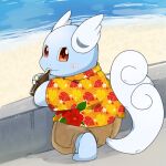  2019 ambiguous_gender beach beverage blue_body blush bottle clothing hi_res looking_at_viewer looking_back nintendo pok&eacute;mon pok&eacute;mon_(species) seaside solo tatu_wani_(artist) video_games wartortle water 