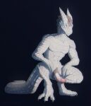  4_toes 5_fingers abs animal_genitalia anthro athletic athletic_anthro athletic_male barefoot bedroom_eyes bent_legs biped black_background black_pupils blue_eyes brown_hair brown_pubes cel_shading cheek_spikes claws crouching deltoids digital_media_(artwork) digitigrade dragon dukaan erection essence_of_rapture facial_spikes feet finger_claws fingers full-length_portrait genital_slit genitals glans glistening glistening_body glistening_genitalia glistening_glans glistening_hair glistening_penis glistening_scales glistening_tail hair hands_on_thighs hi_res horn humanoid_hands jaw_spikes light lighting looking_at_viewer male muscular muscular_anthro muscular_male narrowed_eyes pecs penis pink_glans pink_penis portrait pubes pupils reptile ribbed_penis scales scalie seductive shaded simple_background slit slit_pupils smile smiling_at_viewer solo spikes spikes_(anatomy) spread_legs spreading text toe_claws toes url watermark white_body white_claws white_scales wingless_dragon 