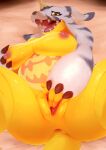  2021 alternate_version_at_source anthro anus bandai_namco bed big_breasts bodily_fluids breast_grab breasts claws digimon digimon_(species) female fur furniture gabumon genital_fluids genitals hand_on_breast hi_res horn katabreak looking_pleasured lying markings masturbation navel nipples on_bed open_mouth penetration pussy pussy_juice reptile scalie simple_background slightly_chubby smile solo vaginal vaginal_masturbation white_background yellow_body yellow_skin 