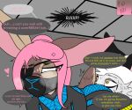  1_eye all_fours angry anthro belladonna_(prismatic_wolf) breath canid canine canis clothing cross-popping_vein cunnilingus dialogue duo english_text eye_patch eye_scar eyewear facial_scar female hair hi_res lagomorph leporid male male/female mammal mask oral panting pink_eyes pink_hair prismatic_wolf rabbit scar sex sound_effects text tight_clothing tired_eyes vaginal wolf wolf_(prismatic_wolf) yellow_eyes 