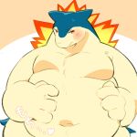  0119_muu 1:1 2021 anthro belly big_belly blush bodily_fluids humanoid_hands japanese_text kemono navel nintendo overweight pok&eacute;mon pok&eacute;mon_(species) simple_background solo sweat text typhlosion video_games 