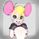  1:1 animal_crossing anthro bella_(animal_crossing) blush breasts buckteeth clothed clothing female freckles hi_res looking_at_viewer mammal mouse murid murine nintendo nipple_piercing nipples piercing raised_clothing raised_shirt raised_topwear rodent shirt solo teeth tongue tongue_out topwear vestalover69 video_games 