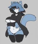  2021 ? anthro big_breasts blue_body blue_fur blue_hair bottomwear breast_tuft breasts caeleste chest_tuft choker clothed clothing crop_top crossed_arms digital_media_(artwork) felid feline female frown fur hair hair_over_eye hi_res jacket jewelry leg_tuft legwear mammal midriff navel necklace one_eye_obstructed open_clothing open_jacket open_topwear panties raised_tail red_eyes shirt short_hair simple_background sinclaire_(caeleste) solo speech_bubble standing symbol thigh_highs topwear tuft under_boob underwear 
