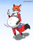  anthro belly beverage big_belly canid canine cjshadorunner clothing female fox hair hyper hyper_belly mammal overweight solo 
