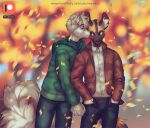  anthro autumn blush canid canine canis duo fall_(disambiguation) kissing male male/male mammal rexwind romantic romantic_couple scar wolf 