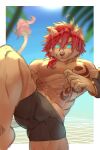  anthro beach birry41 blue_eyes bottomwear clothing detailed_background felid fur hair hi_res lion male mammal outside pantherine red_hair seaside sky solo tattoo water 