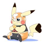  2019 3_toes cleft_tail clothing cosplay_pikachu_(costume) dipstick_ears eating feet female food fur hi_res mask midriff multicolored_ears nintendo one_eye_closed pikachu pikachu_libre pok&eacute;mon pok&eacute;mon_(species) simple_background sitting solo tatu_wani_(artist) toes video_games white_background yellow_body yellow_fur 