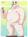  2021 absurd_res anthro balls belly eyewear flaccid fur genitals glasses hi_res humanoid_hands kemono male mammal moobs navel nipples overweight overweight_male penis polar_bear realiron_(artist) solo ursid ursine white_body white_fur 