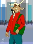  3:4 abstract_background absurd_res anthro bag buck_pinetlers cervid clothing hi_res horzeb jacket male mammal solo topwear 