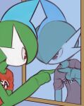  anthro blue_background clothed clothing gallade gesture green_body hi_res looking_at_mirror looking_at_object looking_at_self male mirror napalm_express nintendo pointing pointing_at_self pok&eacute;mon pok&eacute;mon_(species) red_clothing red_shirt red_topwear reflection shirt simple_background solo standing t-shirt text text_on_clothing text_on_shirt text_on_topwear topwear video_games white_body 