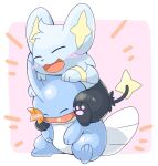  2019 3_toes ambiguous_gender barefoot black_body black_fur blue_body blush duo eyes_closed feet feral fin fur happy hi_res mudkip nintendo open_mouth open_smile pawpads paws pok&eacute;mon pok&eacute;mon_(species) shinx simple_background smile tatu_wani_(artist) toes video_games 