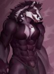 2021 abs anthro badger black_body bulge clothing digital_media_(artwork) erection genitals hi_res humanoid male mammal muscular muscular_male mustelid musteline nintendo obstagoon pecs penis pok&eacute;mon pok&eacute;mon_(species) red_eyes simple_background small_leaf_art solo tongue tongue_out underwear video_games white_body 