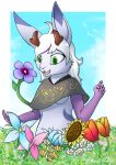  anthro azural_cobaltros belly breasts clothed clothing female field flower garden green_eyes hi_res horn jackalope lagomorph leporid mammal partially_clothed plant rabbit smile solo under_boob 