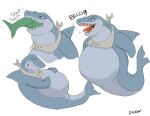  abdominal_bulge ambiguous_gender belly big_belly blue_body blue_skin burping canson duo feral feral_pred fish grey_belly grey_body grey_skin male male_pred marine oral_vore shark simple_background teeth vore white_background 