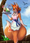  anthro apron azural_cobaltros blush bow canid canine clothed clothing coconut dress drupe_(fruit) female food fox fruit hi_res mammal mixed_drink plant smile solo sundress 