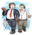  2021 3pdta absurd_res anthro blush bottomwear brown_body brown_fur canid canine canis clothing dog_operator domestic_dog duo eyewear food fur glasses hand_holding hi_res kemono live-a-hero male male/male mammal necktie outside overweight overweight_male pants protagonist_(live-a-hero) shirt subaru_nobeyama tailwag topwear video_games 