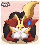  anthro ass_up bent_over big_breasts black_body black_fur border breasts butt curvy_figure delphox fangs female fur hi_res inner_ear_fluff knightmoonlight98 looking_at_viewer nintendo nipples pink_nipples pok&eacute;mon pok&eacute;mon_(species) red_body red_fur signature simple_background smile solo thick_thighs tuft video_games voluptuous white_border yellow_body yellow_fur 