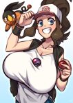  big_breasts blue_eyes breasts clothing coffeelove68 domestic_pig duo female feral gradient_background hair hat headgear headwear hi_res hilda_(pok&eacute;mon) holding_object holding_pok&eacute;ball huge_breasts human human_focus mammal master_ball multicolored_body multicolored_hat nintendo pok&eacute;ball pok&eacute;mon pok&eacute;mon_(species) ponytail shirt simple_background slim_figure small_waist smile suid suina sus_(pig) tepig tipping_hat topwear video_games white_clothing white_shirt white_topwear 
