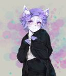  2018 abstract_background anthro biped black_bottomwear black_clothing black_pants black_topwear bottomwear clothing eyelashes female fur hair hi_res inner_ear_fluff male_(lore) multicolored_eyes pants pekuza041 pink_eyes purple_body purple_ears purple_eyes purple_fur purple_hair purple_nose simple_background solo star_marking topwear tuft two_tone_eyes white_body white_ears white_fur white_inner_ear_fluff 