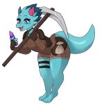  1:1 alpha_channel anthro blue_body blue_eyes blue_skin clothing female gemstones glistening glistening_eyes happy hi_res horn kobold leather leather_clothing moondropwitch pickaxe scalie snugg_(harper_maddox) solo standing thick_tail thick_thighs 