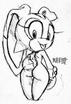  absurd_res anthro big_butt big_ears bottomless butt clothed clothing cream_the_rabbit etherealhatred female hi_res lagomorph leporid looking_at_viewer looking_back mammal monochrome rabbit rear_view sega sketch solo_focus sonic_the_hedgehog_(series) thick_thighs tongue tongue_out traditional_media_(artwork) wide_hips 