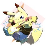  2019 ambiguous_gender bottomwear clothing coat dipstick_ears footwear guitar hi_res multicolored_ears musical_instrument nintendo one_eye_closed pants pikachu plucked_string_instrument pok&eacute;mon pok&eacute;mon_(species) semi-anthro smile solo string_instrument tatu_wani_(artist) tongue tongue_out topwear video_games wink yellow_body 
