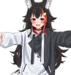  1girl :d animal_ear_fluff animal_ears bangs black_choker black_hair black_hoodie blush brown_eyes choker commentary_request daichi_(daichi_catcat) hair_ornament hairclip highres hololive hood hoodie incoming_hug long_hair long_sleeves looking_at_viewer multicolored_hair ookami_mio outstretched_arms red_hair simple_background smile solo streaked_hair two-tone_hoodie upper_body virtual_youtuber white_background white_hoodie wolf_ears 