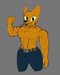  2021 abs anthro belt belt_buckle bottomwear bulge canid canine clothed clothing digital_media_(artwork) flexing fox gregg_lee grey_background hi_res hydethehybrid2000 male mammal muscular muscular_anthro muscular_male night_in_the_woods simple_background smile solo topless topless_anthro topless_male twunk video_games 