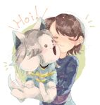  canid canine clothed clothing felid feline hair human mammal open_mouth protagonist_(undertale) simple_background suesino410 tem temmie_(undertale) text topwear undertale video_games white_body 