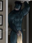  abs anthro beard bgn biceps black_body doorway eulipotyphlan facial_hair furgonomics hair hi_res inside looking_aside male mammal mole_(animal) muscular muscular_anthro muscular_legs muscular_male muscular_thighs navel nipples nude pecs photo solo standing star-nosed_mole towel 