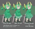  abstract_background breasts clothed clothing english_text eyes_always_closed eyes_closed female green_body green_hair green_skin hair hi_res horn horned_humanoid huffslove humanoid humanoid_pointy_ears imp long_ears long_tail lupa_(huffslove) melee_weapon model_sheet not_furry pale_skin rain_imp short_stack solo standing sword tail_tuft text tuft weapon 